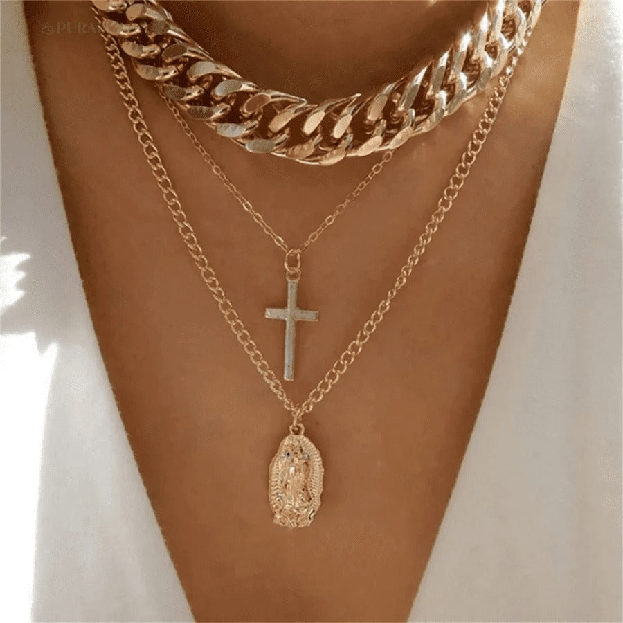 Divine necklace set; Pearl and crucifix jewelry; Elegant pearl necklaces; Stylish crucifix pendants; Handmade pearl jewelry; Christian faith necklaces; Unique pearl and crucifix design; Versatile necklace set; Fashionable religious jewelry; Statement pearl necklaces; Personalized crucifix necklaces; Luxurious pearl and gold jewelry; Spiritual symbolism necklaces; Layered pearl necklace set; Artisan-crafted crucifix jewelry; Gift for faith; Beautifully designed pearl necklaces; Modern crucifix jewelry;