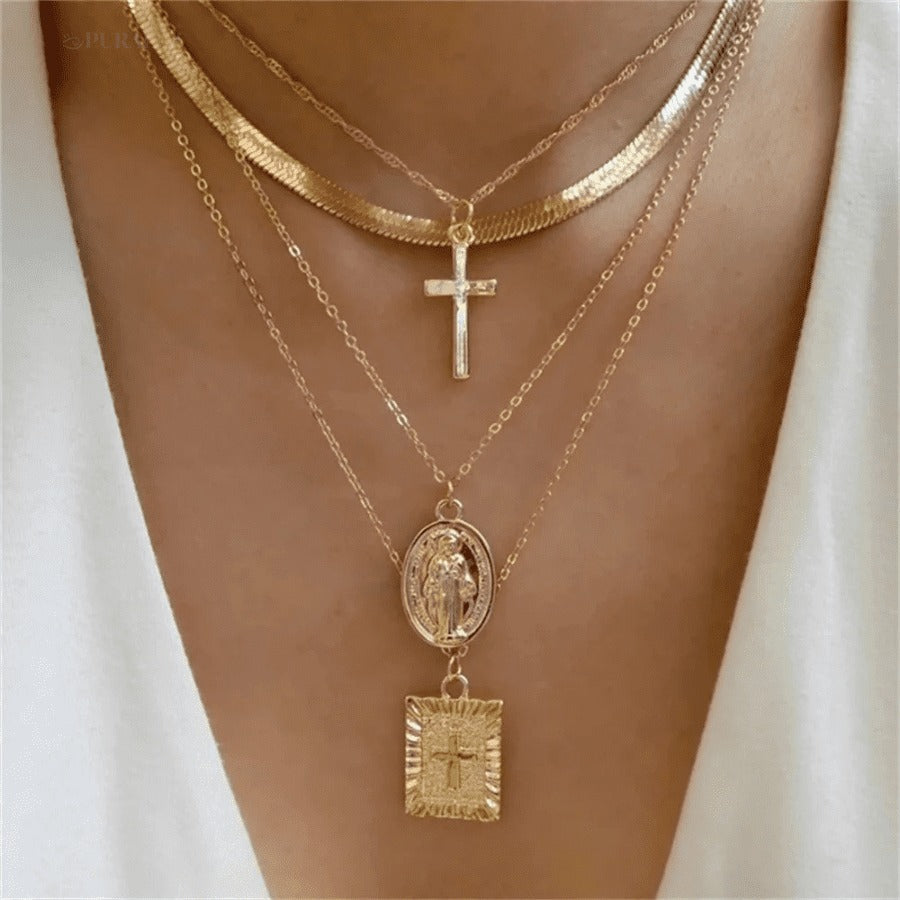 Divine necklace set; Pearl and crucifix jewelry; Elegant pearl necklaces; Stylish crucifix pendants; Handmade pearl jewelry; Christian faith necklaces; Unique pearl and crucifix design; Versatile necklace set; Fashionable religious jewelry; Statement pearl necklaces; Personalized crucifix necklaces; Luxurious pearl and gold jewelry; Spiritual symbolism necklaces; Layered pearl necklace set; Artisan-crafted crucifix jewelry; Gift for faith; Beautifully designed pearl necklaces; Modern crucifix jewelry;
