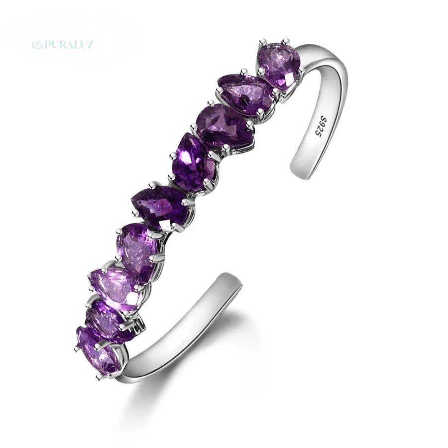 Sterling silver bracelet; Amethyst stone bracelet; Silver jewelry with amethyst; Elegant sterling silver bracelet; Handmade amethyst bracelet; Gemstone silver bracelet; Amethyst embedded bracelet; Unique sterling silver design; Stylish silver bracelet; Luxury amethyst jewelry; Birthstone bracelet; Healing stone bracelet; Adjustable silver bracelet; Fashionable amethyst piece;