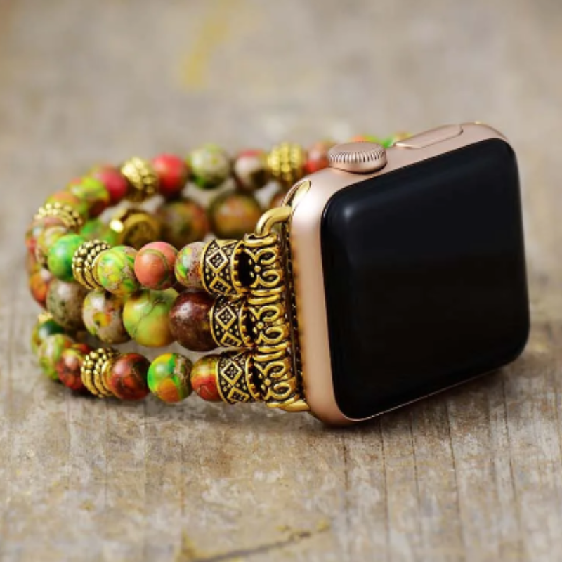 Mystical bracelet for SmartWatch; Jasper stone bracelet; Apple Watch accessory; Handcrafted gemstone jewelry; Unique spiritual smartwatch band; Artisan-crafted bracelet; Natural jasper stones; Healing energy bracelet; Stylish smartwatch strap; Gift for tech and spirituality enthusiasts; Bracelet for grounding and stability; Beautiful beaded bracelet; Unique spiritual gift; Bracelet for intention setting; Ethically sourced materials; Jasper for emotional balance;