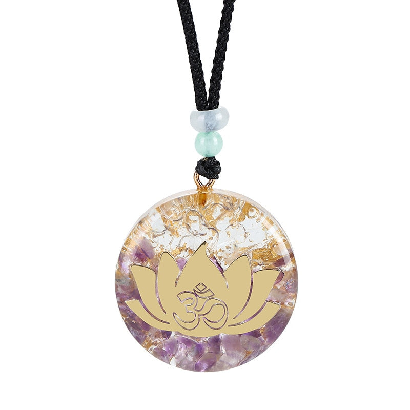 Orgonite lotus flower necklace; Handcrafted spiritual jewelry; Unique design symbolizing purity and enlightenment; Artisan-crafted accessory; Ethically sourced materials; Gift for those seeking peace and spiritual growth; Stylish and meaningful for everyday wear; Durable and fashionable; Beautifully detailed lotus flower for spiritual connection; Unique spiritual gift; Necklace for enhancing positive energy and protection; Natural elements for emotional healing and balance;