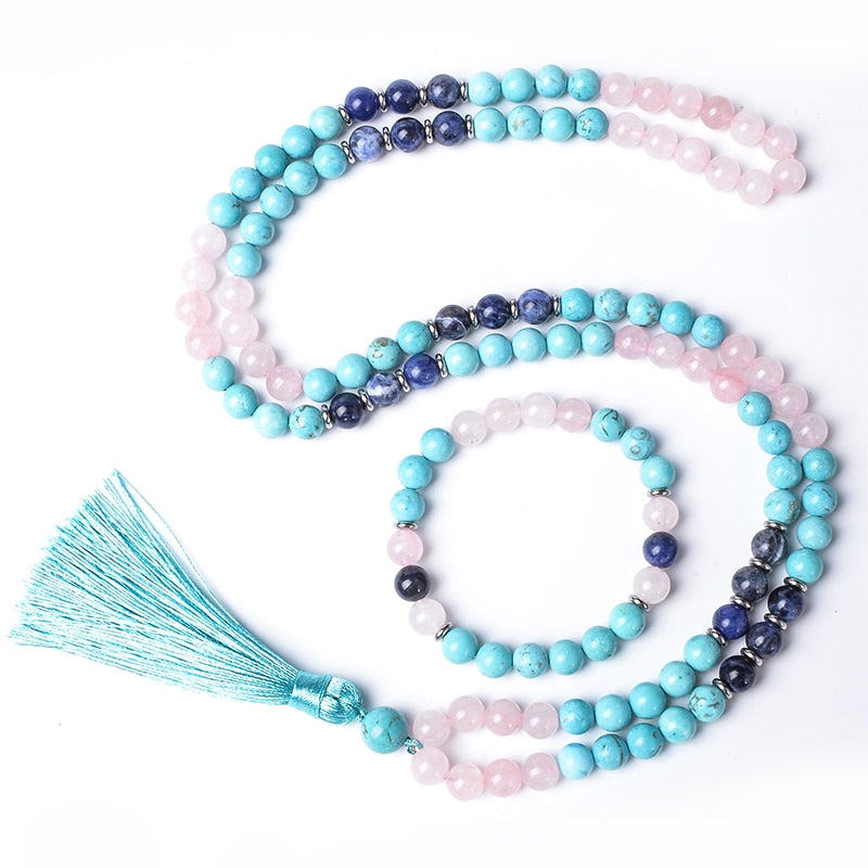 Spiritual Ascension japamala; Handcrafted prayer beads; Rose Quartz for love and healing; Sodalite for intuition and harmony; Turquoise for protection and communication; Unique meditation necklace; Artisan-crafted japamala; Natural gemstone beads; Japamala for mindfulness; Gift for meditation enthusiasts; Ethically sourced materials; Japamala for mantra repetition; Beautiful beaded necklace; Unique spiritual gift; Calming meditation accessory; Japamala for intention setting;