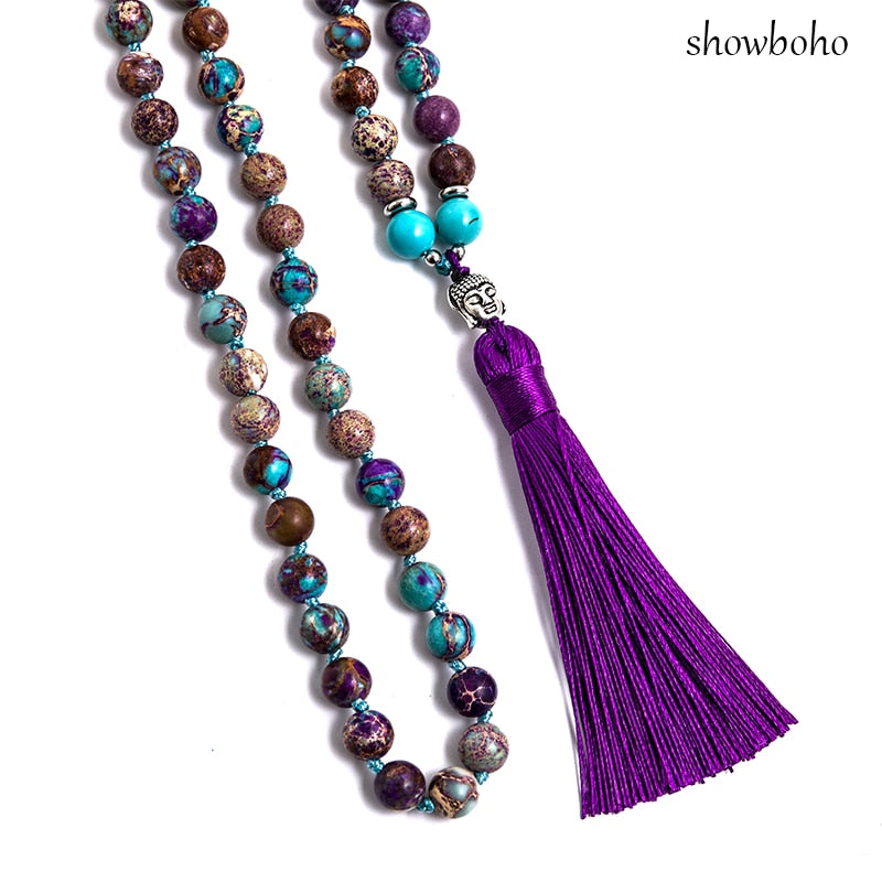 108 bead japamala; Tibetan Buddha head mala; Handcrafted prayer beads; Unique meditation necklace; Spiritual jewelry; Buddhist prayer beads; Healing stones japamala; Artisan-crafted mala; Japamala for mindfulness; Gift for meditation practitioners; Natural stone beads; Japamala for mantra repetition; Elegant Buddhist accessory; Ethically sourced materials;