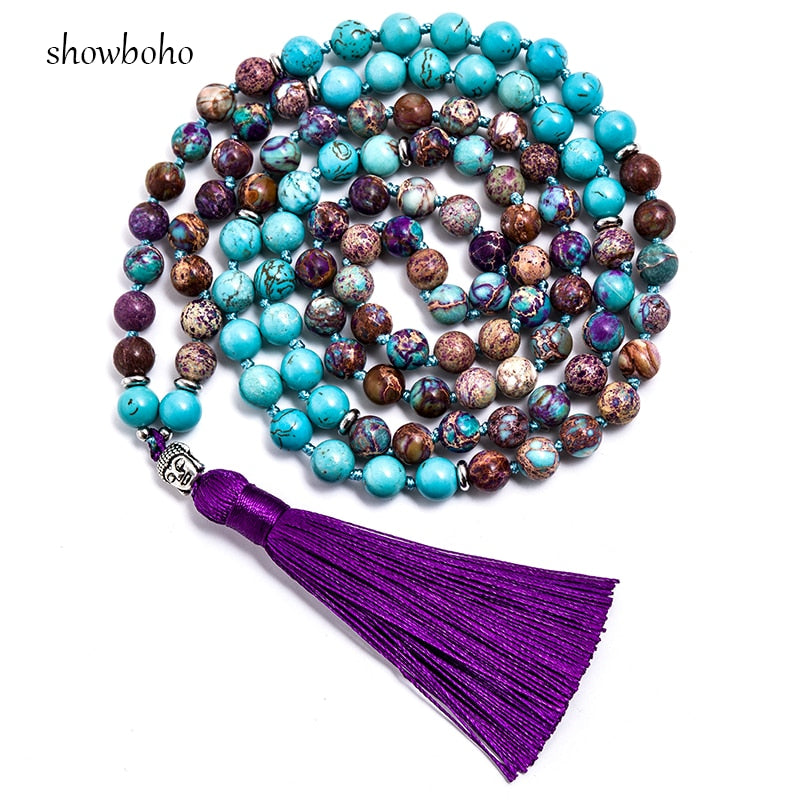 108 bead japamala; Tibetan Buddha head mala; Handcrafted prayer beads; Unique meditation necklace; Spiritual jewelry; Buddhist prayer beads; Healing stones japamala; Artisan-crafted mala; Japamala for mindfulness; Gift for meditation practitioners; Natural stone beads; Japamala for mantra repetition; Elegant Buddhist accessory; Ethically sourced materials;