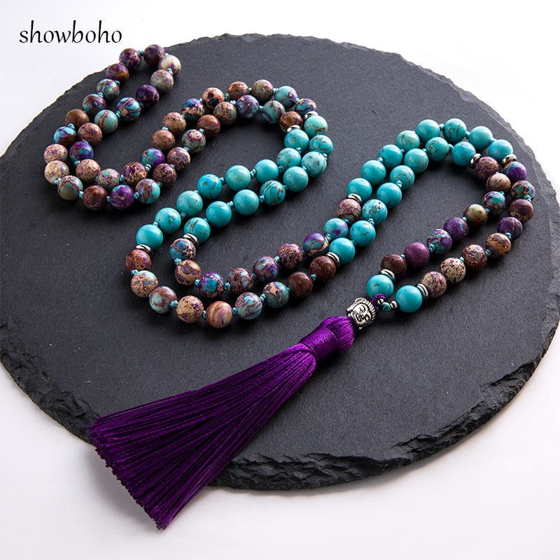 108 bead japamala; Tibetan Buddha head mala; Handcrafted prayer beads; Unique meditation necklace; Spiritual jewelry; Buddhist prayer beads; Healing stones japamala; Artisan-crafted mala; Japamala for mindfulness; Gift for meditation practitioners; Natural stone beads; Japamala for mantra repetition; Elegant Buddhist accessory; Ethically sourced materials;