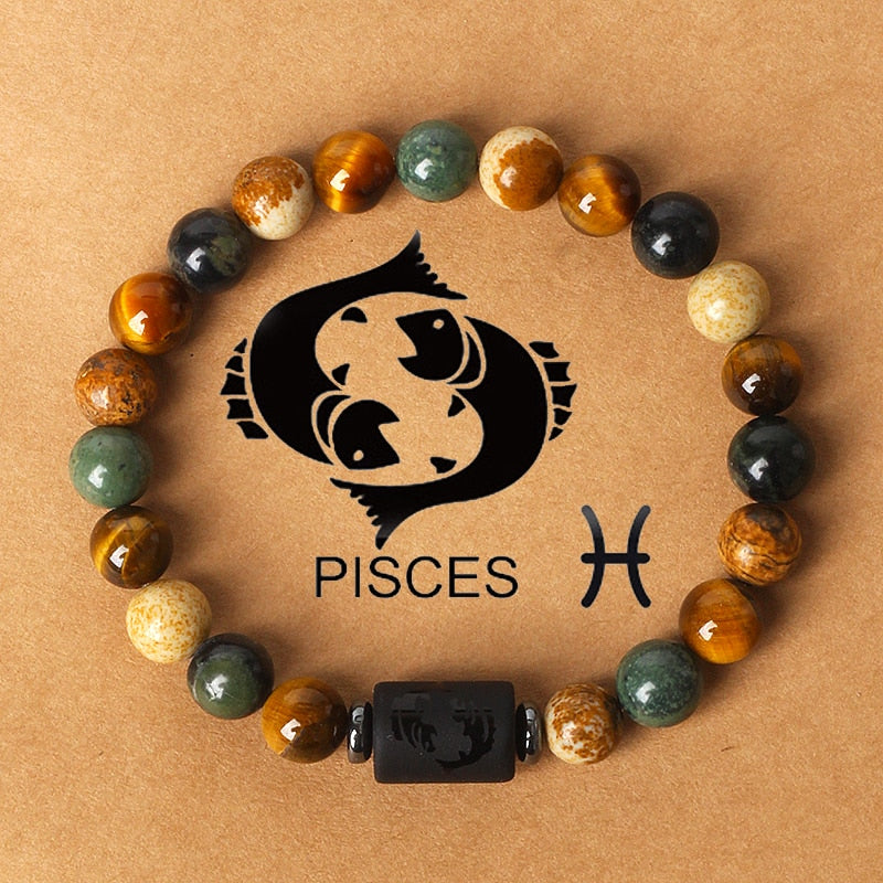 Zodiac sign bracelets; Tiger's Eye bracelet; Handcrafted gemstone jewelry; Unique design for astrological connection; Artisan-crafted accessory; Ethically sourced materials; Gift for astrology enthusiasts; Stylish and meaningful for everyday wear; Durable and fashionable; Beautifully polished Tiger's Eye stones for grounding energy; Unique spiritual gift for zodiac lovers; Bracelet for enhancing intuition and protection; Natural stones for emotional balance and confidence;