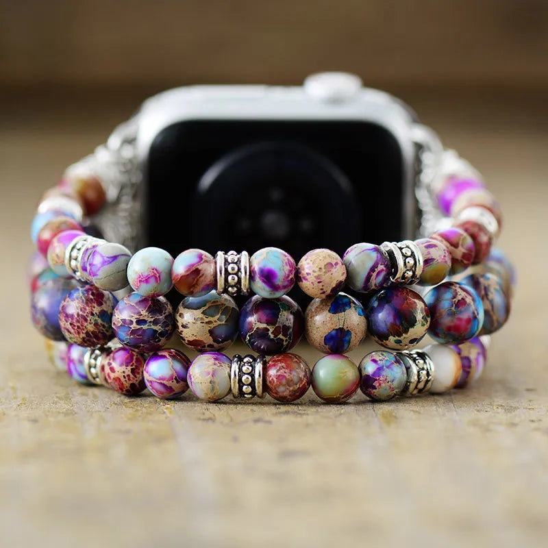 Mystical bracelet for SmartWatch; Jasper stone bracelet; Apple Watch accessory; Handcrafted gemstone jewelry; Unique spiritual smartwatch band; Artisan-crafted bracelet; Natural jasper stones; Healing energy bracelet; Stylish smartwatch strap; Gift for tech and spirituality enthusiasts; Bracelet for grounding and stability; Beautiful beaded bracelet; Unique spiritual gift; Bracelet for intention setting; Ethically sourced materials; Jasper for emotional balance;