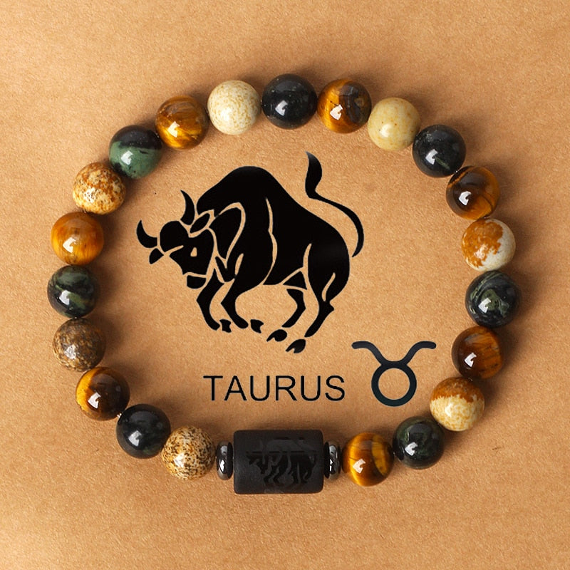 Zodiac sign bracelets; Tiger's Eye bracelet; Handcrafted gemstone jewelry; Unique design for astrological connection; Artisan-crafted accessory; Ethically sourced materials; Gift for astrology enthusiasts; Stylish and meaningful for everyday wear; Durable and fashionable; Beautifully polished Tiger's Eye stones for grounding energy; Unique spiritual gift for zodiac lovers; Bracelet for enhancing intuition and protection; Natural stones for emotional balance and confidence;