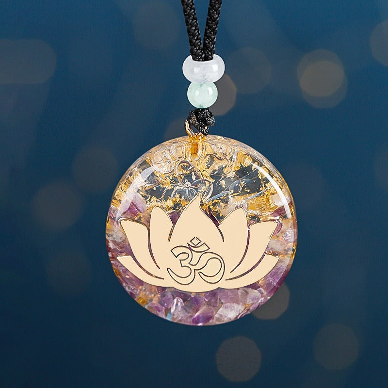 Orgonite lotus flower necklace; Handcrafted spiritual jewelry; Unique design symbolizing purity and enlightenment; Artisan-crafted accessory; Ethically sourced materials; Gift for those seeking peace and spiritual growth; Stylish and meaningful for everyday wear; Durable and fashionable; Beautifully detailed lotus flower for spiritual connection; Unique spiritual gift; Necklace for enhancing positive energy and protection; Natural elements for emotional healing and balance;