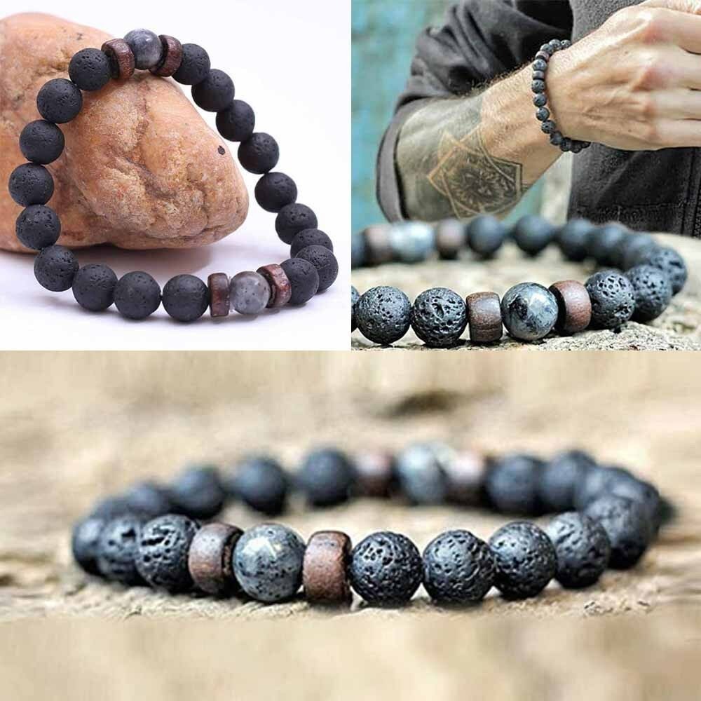 Tibetan bracelet; Volcanic lava stone bracelet; Handcrafted spiritual jewelry; Unique design for grounding and strength; Artisan-crafted accessory; Ethically sourced volcanic lava; Gift for those seeking stability; Stylish and rugged for everyday wear; Durable and fashionable; Beautifully textured lava beads; Unique spiritual gift; Bracelet for protection and emotional balance; Natural stones for personal empowerment; Lightweight and comfortable; Ideal for meditation practices;