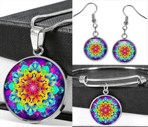 Radiant mandala set; Energetic jewelry collection; Mandala earrings and bracelet; Buddhist necklace set; Spiritual jewelry set; Colorful mandala accessories; Handmade mandala earrings; Chakra-inspired bracelet; Unique mandala necklace; Artistic jewelry set; Mandala design earrings; Harmony and balance jewelry; Empowering mandala collection; Symbolic Buddhist jewelry; Ethereal mandala set; Multi-piece jewelry set; Meditation-inspired accessories; Vibrant mandala art;