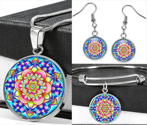 Radiant mandala set; Energetic jewelry collection; Mandala earrings and bracelet; Buddhist necklace set; Spiritual jewelry set; Colorful mandala accessories; Handmade mandala earrings; Chakra-inspired bracelet; Unique mandala necklace; Artistic jewelry set; Mandala design earrings; Harmony and balance jewelry; Empowering mandala collection; Symbolic Buddhist jewelry; Ethereal mandala set; Multi-piece jewelry set; Meditation-inspired accessories; Vibrant mandala art;