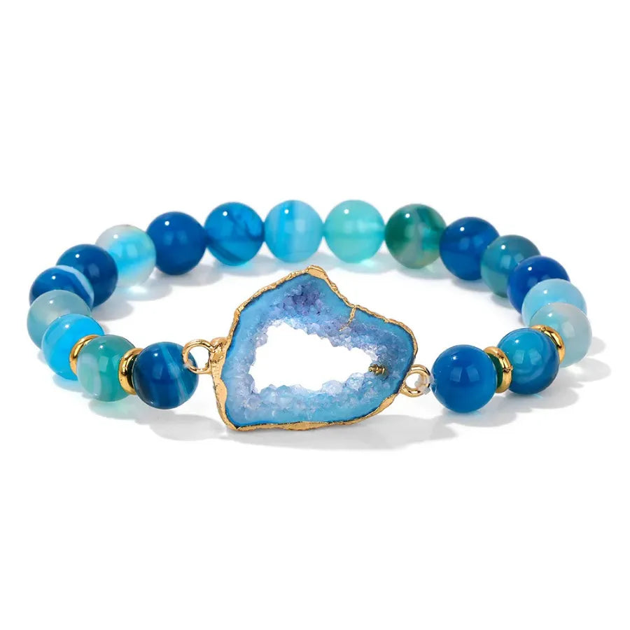 Blue Serenity Bracelet; Radiant Blue Quartz bracelet; Saint Lazuli jewelry; Handmade blue quartz bracelet; Calming blue stone bracelet; Natural stone jewelry; Healing quartz bracelet; Blue gemstone accessory; Elegant blue bracelet; Spiritual quartz jewelry; Unique blue bracelet; Fashionable blue accessories; Chakra healing bracelet; Vibrant blue stone bracelet; Gemstone gift for her; Stylish quartz bracelet; Bohemian blue bracelet;