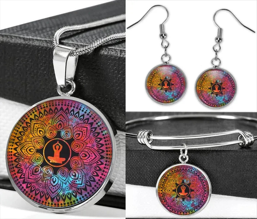 Radiant mandala set; Energetic jewelry collection; Mandala earrings and bracelet; Buddhist necklace set; Spiritual jewelry set; Colorful mandala accessories; Handmade mandala earrings; Chakra-inspired bracelet; Unique mandala necklace; Artistic jewelry set; Mandala design earrings; Harmony and balance jewelry; Empowering mandala collection; Symbolic Buddhist jewelry; Ethereal mandala set; Multi-piece jewelry set; Meditation-inspired accessories; Vibrant mandala art;