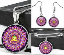 Radiant mandala set; Energetic jewelry collection; Mandala earrings and bracelet; Buddhist necklace set; Spiritual jewelry set; Colorful mandala accessories; Handmade mandala earrings; Chakra-inspired bracelet; Unique mandala necklace; Artistic jewelry set; Mandala design earrings; Harmony and balance jewelry; Empowering mandala collection; Symbolic Buddhist jewelry; Ethereal mandala set; Multi-piece jewelry set; Meditation-inspired accessories; Vibrant mandala art;