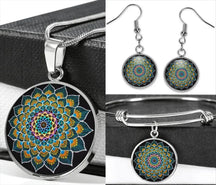 Radiant mandala set; Energetic jewelry collection; Mandala earrings and bracelet; Buddhist necklace set; Spiritual jewelry set; Colorful mandala accessories; Handmade mandala earrings; Chakra-inspired bracelet; Unique mandala necklace; Artistic jewelry set; Mandala design earrings; Harmony and balance jewelry; Empowering mandala collection; Symbolic Buddhist jewelry; Ethereal mandala set; Multi-piece jewelry set; Meditation-inspired accessories; Vibrant mandala art;