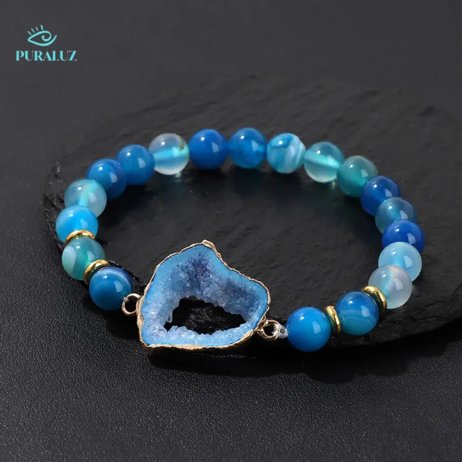 Blue Serenity Bracelet; Radiant Blue Quartz bracelet; Saint Lazuli jewelry; Handmade blue quartz bracelet; Calming blue stone bracelet; Natural stone jewelry; Healing quartz bracelet; Blue gemstone accessory; Elegant blue bracelet; Spiritual quartz jewelry; Unique blue bracelet; Fashionable blue accessories; Chakra healing bracelet; Vibrant blue stone bracelet; Gemstone gift for her; Stylish quartz bracelet; Bohemian blue bracelet;
