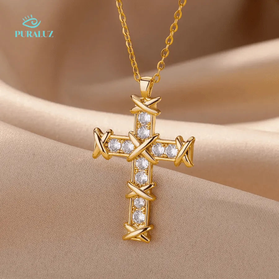 Divine Light crucifix; Crystal crucifix pendant; Elegant crystal crucifix; Religious crystal jewelry; Stunning crucifix necklace; Crystal cross necklace; Last units available; 50% discount on crucifix; Free shipping on orders; Spiritual crystal pendant; Handcrafted crystal crucifix; Unique religious jewelry; Stylish cross necklace; Crystal and silver cross; Luxurious crucifix design;