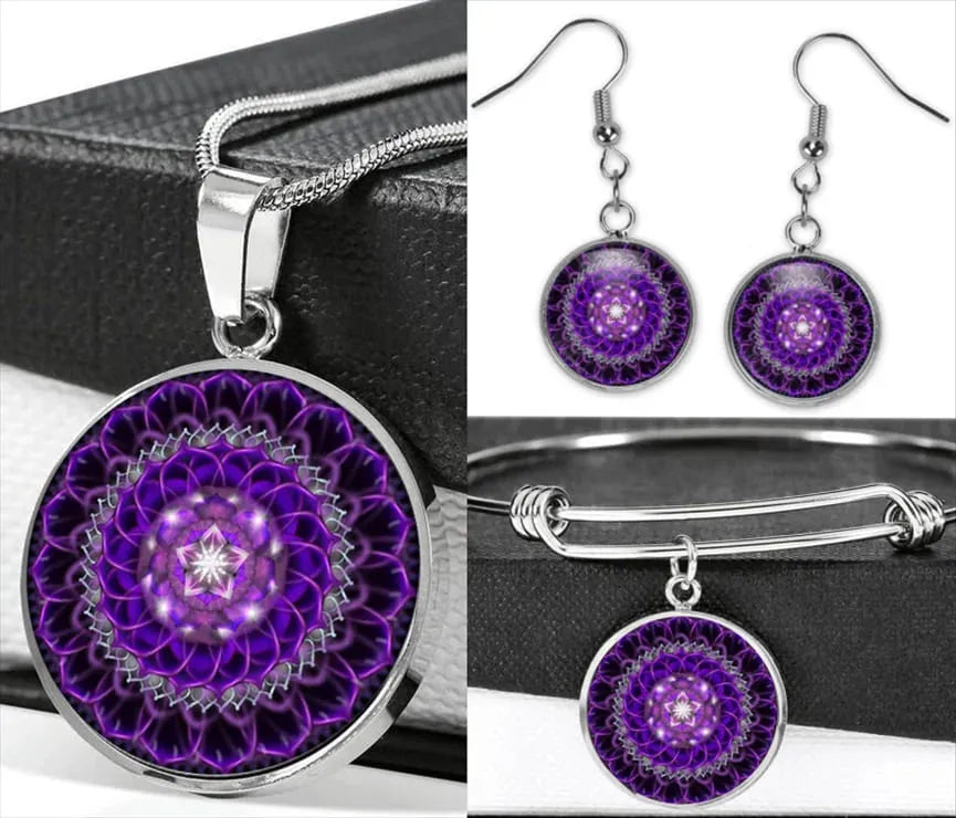 Radiant mandala set; Energetic jewelry collection; Mandala earrings and bracelet; Buddhist necklace set; Spiritual jewelry set; Colorful mandala accessories; Handmade mandala earrings; Chakra-inspired bracelet; Unique mandala necklace; Artistic jewelry set; Mandala design earrings; Harmony and balance jewelry; Empowering mandala collection; Symbolic Buddhist jewelry; Ethereal mandala set; Multi-piece jewelry set; Meditation-inspired accessories; Vibrant mandala art;