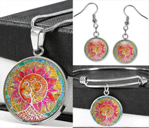 Radiant mandala set; Energetic jewelry collection; Mandala earrings and bracelet; Buddhist necklace set; Spiritual jewelry set; Colorful mandala accessories; Handmade mandala earrings; Chakra-inspired bracelet; Unique mandala necklace; Artistic jewelry set; Mandala design earrings; Harmony and balance jewelry; Empowering mandala collection; Symbolic Buddhist jewelry; Ethereal mandala set; Multi-piece jewelry set; Meditation-inspired accessories; Vibrant mandala art;