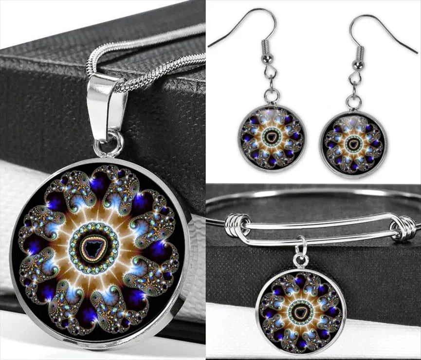 Radiant mandala set; Energetic jewelry collection; Mandala earrings and bracelet; Buddhist necklace set; Spiritual jewelry set; Colorful mandala accessories; Handmade mandala earrings; Chakra-inspired bracelet; Unique mandala necklace; Artistic jewelry set; Mandala design earrings; Harmony and balance jewelry; Empowering mandala collection; Symbolic Buddhist jewelry; Ethereal mandala set; Multi-piece jewelry set; Meditation-inspired accessories; Vibrant mandala art;