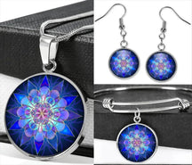 Radiant mandala set; Energetic jewelry collection; Mandala earrings and bracelet; Buddhist necklace set; Spiritual jewelry set; Colorful mandala accessories; Handmade mandala earrings; Chakra-inspired bracelet; Unique mandala necklace; Artistic jewelry set; Mandala design earrings; Harmony and balance jewelry; Empowering mandala collection; Symbolic Buddhist jewelry; Ethereal mandala set; Multi-piece jewelry set; Meditation-inspired accessories; Vibrant mandala art;