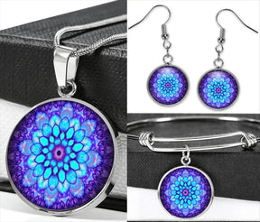 Radiant mandala set; Energetic jewelry collection; Mandala earrings and bracelet; Buddhist necklace set; Spiritual jewelry set; Colorful mandala accessories; Handmade mandala earrings; Chakra-inspired bracelet; Unique mandala necklace; Artistic jewelry set; Mandala design earrings; Harmony and balance jewelry; Empowering mandala collection; Symbolic Buddhist jewelry; Ethereal mandala set; Multi-piece jewelry set; Meditation-inspired accessories; Vibrant mandala art;