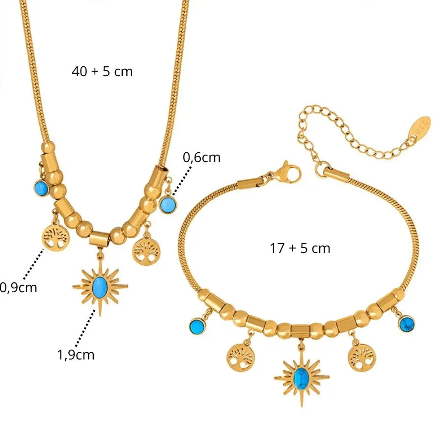 Gold-plated jewelry set; Radiant sun jewelry; Blue quartz sun pendant; Sun pendant necklace; Matching bracelet and necklace; Elegant jewelry set; Luxurious gold-plated accessories; Natural blue quartz jewelry; Sun-themed jewelry; Unique pendant design; Stylish bracelet and necklace; Versatile fashion accessories; Gift set for her; Statement jewelry pieces;