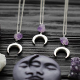 Intuition necklace with amethyst moon; Natural stone amethyst necklace; Enhances intuition and spiritual insight; Beautifully crafted amethyst jewelry; Symbol of peace and tranquility; Perfect gift for spiritual seekers; Amethyst stone for healing and balance; Unique design featuring a moon pendant; Ethically sourced natural stones; Lightweight and comfortable for everyday wear; Ideal for layering with other necklaces; Represents inner wisdom and clarity;