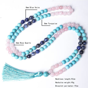 Spiritual Ascension japamala; Handcrafted prayer beads; Rose Quartz for love and healing; Sodalite for intuition and harmony; Turquoise for protection and communication; Unique meditation necklace; Artisan-crafted japamala; Natural gemstone beads; Japamala for mindfulness; Gift for meditation enthusiasts; Ethically sourced materials; Japamala for mantra repetition; Beautiful beaded necklace; Unique spiritual gift; Calming meditation accessory; Japamala for intention setting;
