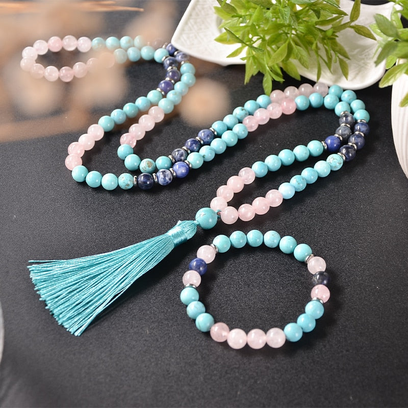 Spiritual Ascension japamala; Handcrafted prayer beads; Rose Quartz for love and healing; Sodalite for intuition and harmony; Turquoise for protection and communication; Unique meditation necklace; Artisan-crafted japamala; Natural gemstone beads; Japamala for mindfulness; Gift for meditation enthusiasts; Ethically sourced materials; Japamala for mantra repetition; Beautiful beaded necklace; Unique spiritual gift; Calming meditation accessory; Japamala for intention setting;