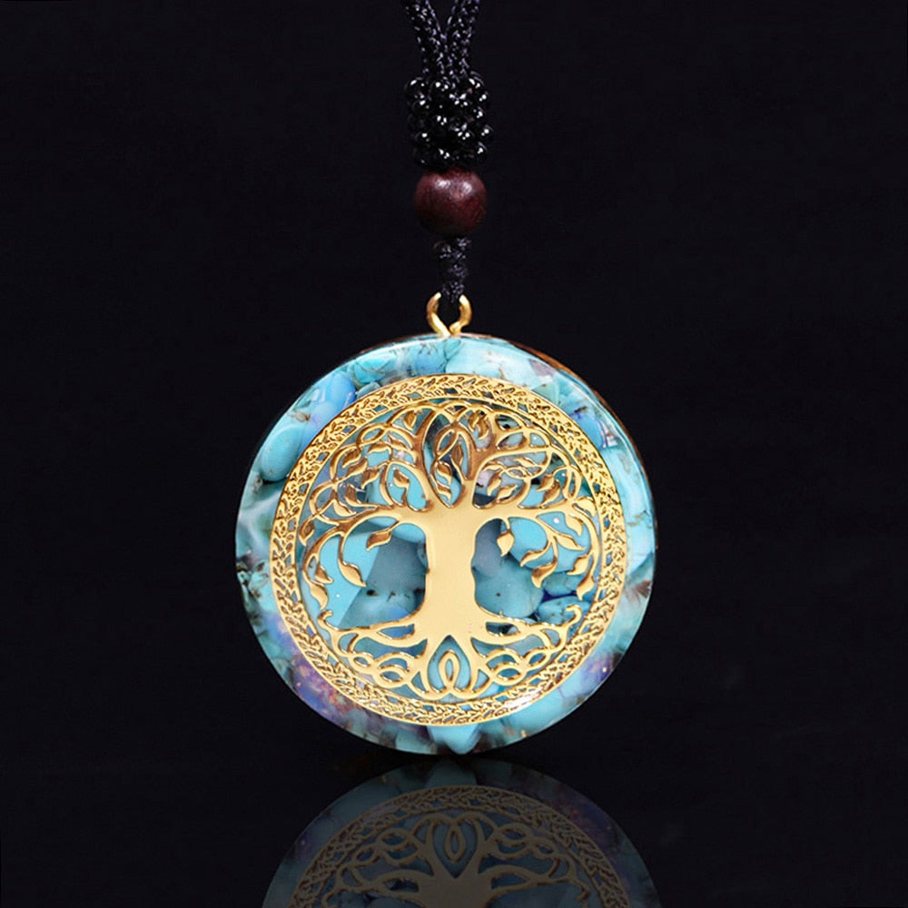 Orgonite Tree of Life necklace; Turquoise necklace; Handcrafted gemstone jewelry; Unique design for spiritual protection and energy; Artisan-crafted accessory; Ethically sourced materials; Gift for those seeking balance and healing; Stylish and meaningful for everyday wear; Durable and fashionable; Beautifully detailed Tree of Life symbol; Unique spiritual gift; Necklace for enhancing vitality and connection to nature; Natural turquoise for emotional balance and protection; Lightweight and comfortable; 