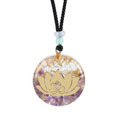 Orgonite lotus flower necklace; Handcrafted spiritual jewelry; Unique design symbolizing purity and enlightenment; Artisan-crafted accessory; Ethically sourced materials; Gift for those seeking peace and spiritual growth; Stylish and meaningful for everyday wear; Durable and fashionable; Beautifully detailed lotus flower for spiritual connection; Unique spiritual gift; Necklace for enhancing positive energy and protection; Natural elements for emotional healing and balance;