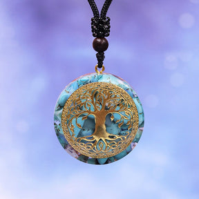 Orgonite Tree of Life necklace; Turquoise necklace; Handcrafted gemstone jewelry; Unique design for spiritual protection and energy; Artisan-crafted accessory; Ethically sourced materials; Gift for those seeking balance and healing; Stylish and meaningful for everyday wear; Durable and fashionable; Beautifully detailed Tree of Life symbol; Unique spiritual gift; Necklace for enhancing vitality and connection to nature; Natural turquoise for emotional balance and protection; Lightweight and comfortable; 