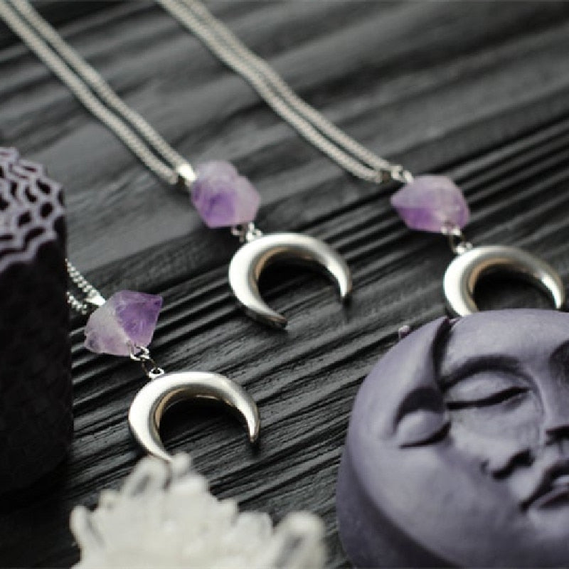 Intuition necklace with amethyst moon; Natural stone amethyst necklace; Enhances intuition and spiritual insight; Beautifully crafted amethyst jewelry; Symbol of peace and tranquility; Perfect gift for spiritual seekers; Amethyst stone for healing and balance; Unique design featuring a moon pendant; Ethically sourced natural stones; Lightweight and comfortable for everyday wear; Ideal for layering with other necklaces; Represents inner wisdom and clarity;