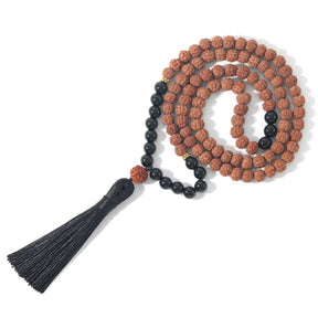 Rudraksha and Onyx japamala; Protection mala necklace; 108 beads prayer necklace; Handcrafted spiritual jewelry; Natural Rudraksha seeds; Onyx stone for protection; Artisan-crafted japamala; Japamala for mindfulness; Free bracelet included; Gift for meditation enthusiasts; Japamala for spiritual growth; Japamala for protection and grounding; Beautiful beaded necklace; Unique spiritual gift; Japamala for intention setting; Calming meditation accessory;