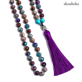 108 bead japamala; Tibetan Buddha head mala; Handcrafted prayer beads; Unique meditation necklace; Spiritual jewelry; Buddhist prayer beads; Healing stones japamala; Artisan-crafted mala; Japamala for mindfulness; Gift for meditation practitioners; Natural stone beads; Japamala for mantra repetition; Elegant Buddhist accessory; Ethically sourced materials;