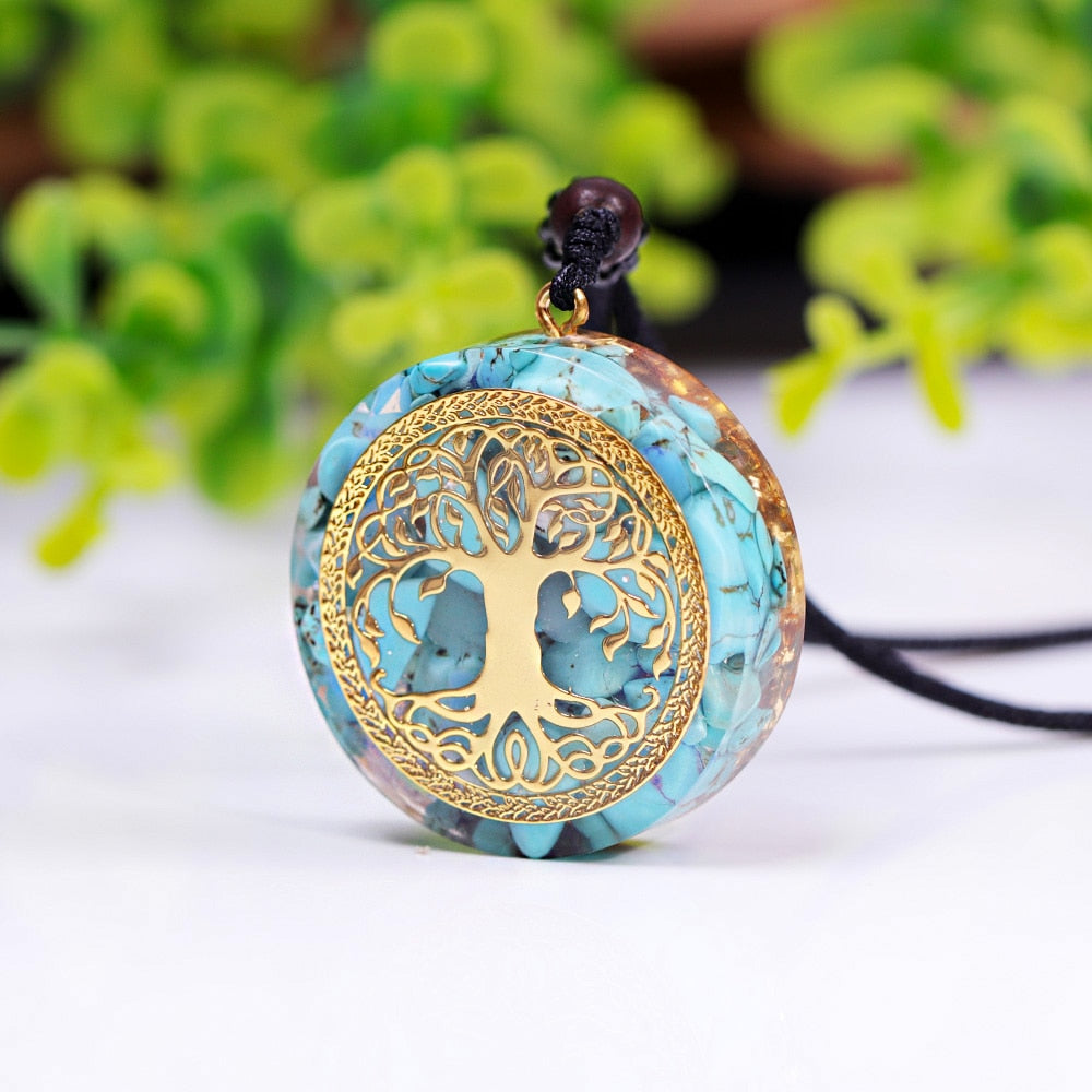 Orgonite Tree of Life necklace; Turquoise necklace; Handcrafted gemstone jewelry; Unique design for spiritual protection and energy; Artisan-crafted accessory; Ethically sourced materials; Gift for those seeking balance and healing; Stylish and meaningful for everyday wear; Durable and fashionable; Beautifully detailed Tree of Life symbol; Unique spiritual gift; Necklace for enhancing vitality and connection to nature; Natural turquoise for emotional balance and protection; Lightweight and comfortable; 