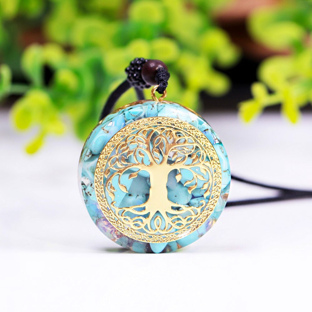 Orgonite Tree of Life necklace; Turquoise necklace; Handcrafted gemstone jewelry; Unique design for spiritual protection and energy; Artisan-crafted accessory; Ethically sourced materials; Gift for those seeking balance and healing; Stylish and meaningful for everyday wear; Durable and fashionable; Beautifully detailed Tree of Life symbol; Unique spiritual gift; Necklace for enhancing vitality and connection to nature; Natural turquoise for emotional balance and protection; Lightweight and comfortable; 