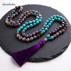 108 bead japamala; Tibetan Buddha head mala; Handcrafted prayer beads; Unique meditation necklace; Spiritual jewelry; Buddhist prayer beads; Healing stones japamala; Artisan-crafted mala; Japamala for mindfulness; Gift for meditation practitioners; Natural stone beads; Japamala for mantra repetition; Elegant Buddhist accessory; Ethically sourced materials;
