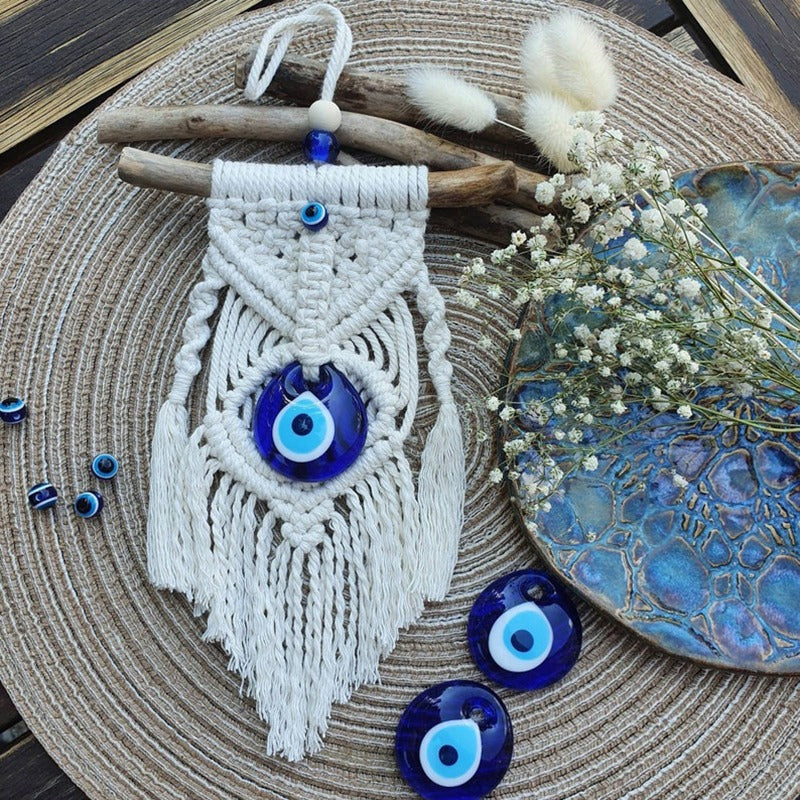 Greek eye amulet; Macramé protection amulet; Evil eye home decor; Protection for home and spaces; Handcrafted Greek eye amulet; Spiritual macramé wall hanging; Greek eye for warding off negativity; Unique protection decor; Evil eye macramé art; Home protection amulet; Greek eye for energy shielding; Boho-style Greek eye amulet; Holistic protection decoration; Amulet for peace and protection; Gift for home blessings; Evil eye symbol for protection;