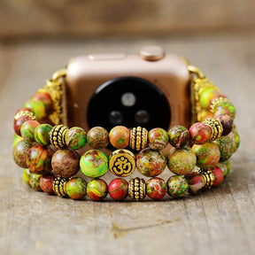 Mystical bracelet for SmartWatch; Jasper stone bracelet; Apple Watch accessory; Handcrafted gemstone jewelry; Unique spiritual smartwatch band; Artisan-crafted bracelet; Natural jasper stones; Healing energy bracelet; Stylish smartwatch strap; Gift for tech and spirituality enthusiasts; Bracelet for grounding and stability; Beautiful beaded bracelet; Unique spiritual gift; Bracelet for intention setting; Ethically sourced materials; Jasper for emotional balance;