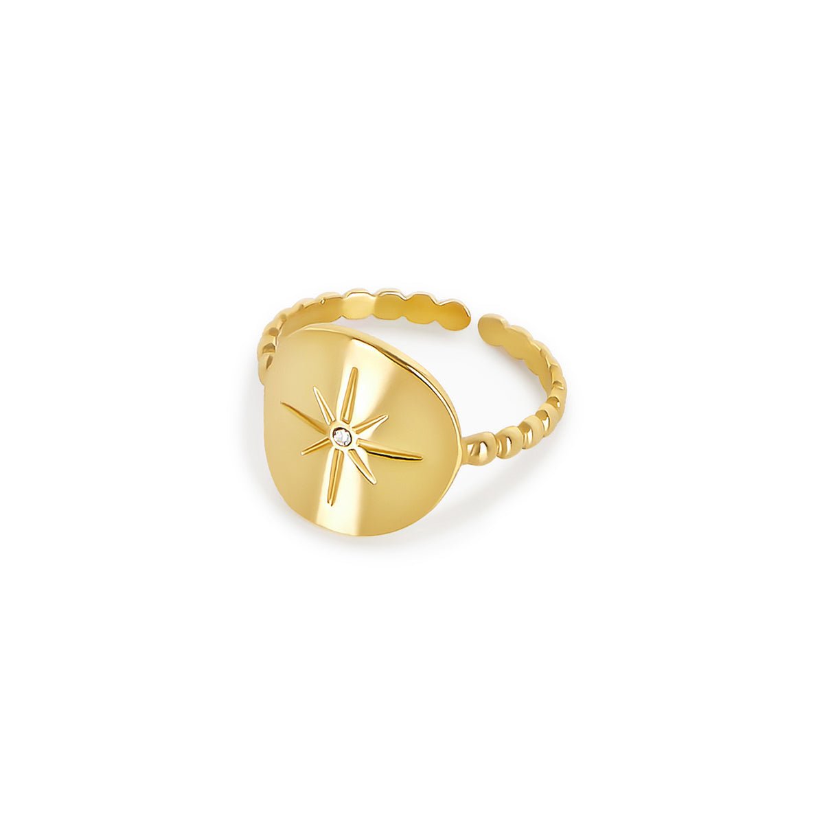 adjustable nautical star ring; 18k gold plated jewelry; nautical theme design; star-shaped ring; unique adjustable fit; elegant gold accessory; perfect for everyday wear; versatile statement piece; handcrafted quality; trendy nautical jewelry; celestial-inspired fashion; stylish gold ring; ideal gift for ocean lovers; quality craftsmanship; fashionable and comfortable; lightweight design; perfect for stacking; modern and chic accessory; timeless nautical style; 