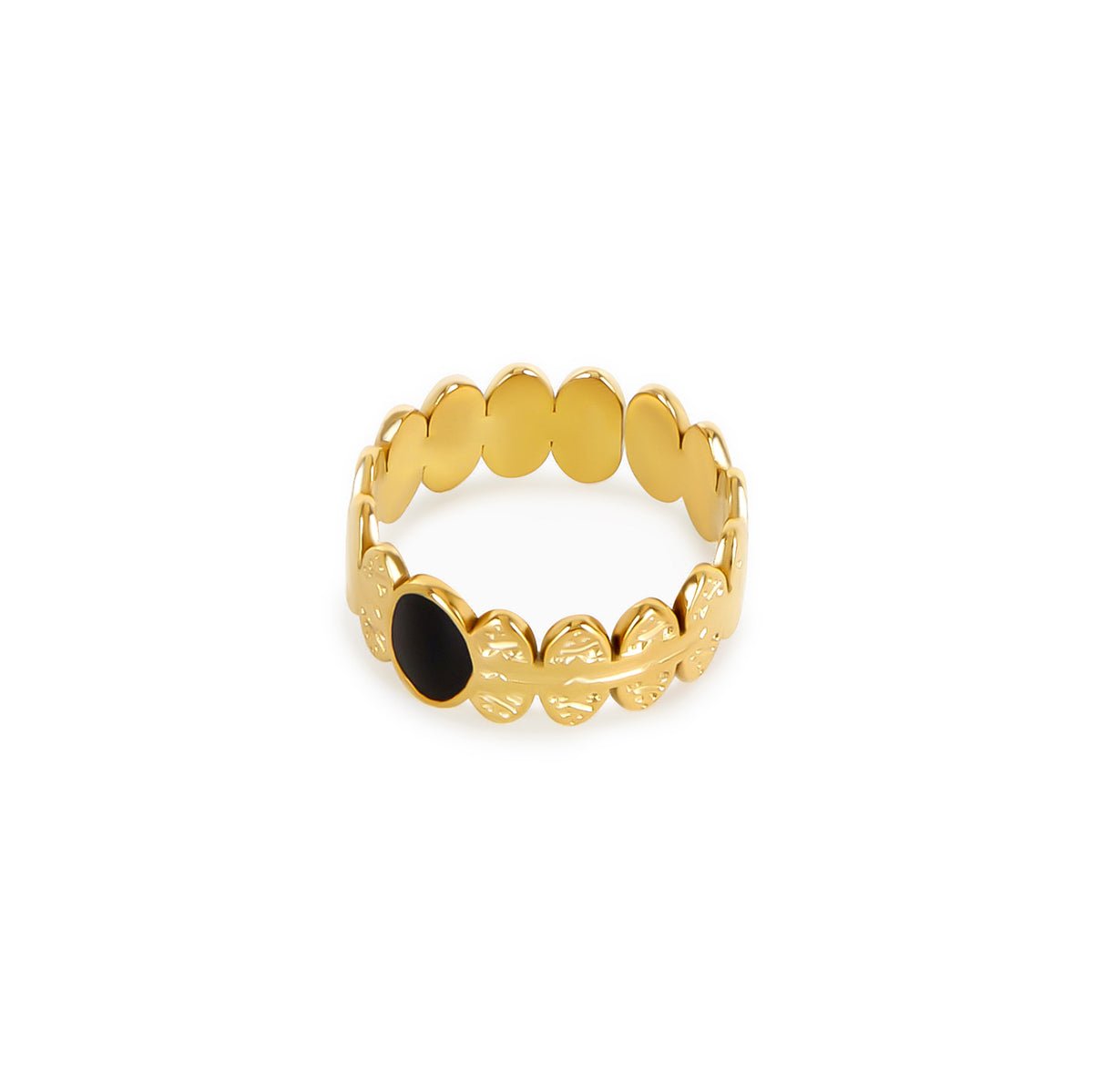 adjustable onyx stone ring; 18k gold plated jewelry; elegant onyx ring; unique gemstone accessory; versatile and stylish; handcrafted quality; comfortable fit; timeless design; statement piece; perfect for layering; ideal for everyday wear; luxurious look; sophisticated and chic; beautiful black onyx; enhances any outfit; modern and minimalist; perfect gift for her; durable craftsmanship; lightweight and comfortable; adjustable size for all fingers; unique gift idea; radiant shine; 