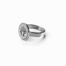 Tree of Life ring; elegant silver jewelry; symbol of growth and strength; handcrafted design with intricate details; perfect for nature lovers; meaningful gift for any occasion; adjustable fit for comfort; unique statement piece for casual or formal wear; lightweight and durable construction; timeless design for everyday elegance; complements various styles and outfits; symbolizes family and connection; a beautiful addition to any jewelry collection; great for stacking with other rings; 