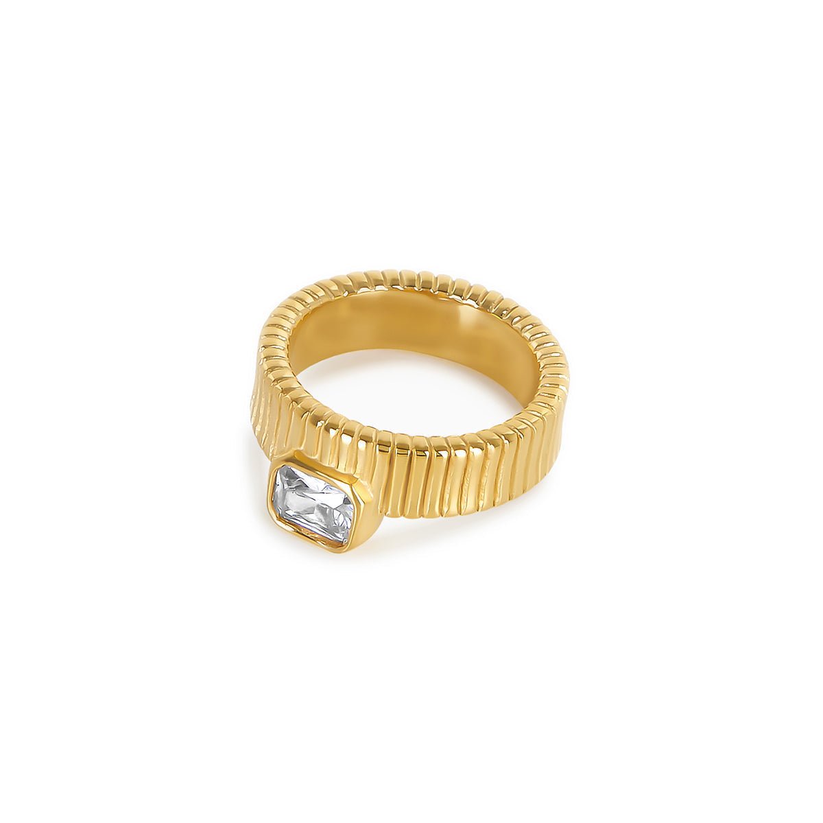 Capri crystal ring; 18k gold-plated ring; luxurious crystal jewelry; sparkling crystal ring; timeless elegance; radiant crystal in gold; chic Capri style; crystal ring for special occasions; statement gold ring; stunning crystal accent; sophisticated design; gold ring for women; elegant and durable; perfect for evening wear; glamorous accessory; crystal ring for gifting; high-quality gold finish; classic yet contemporary; delicate yet bold; refined crystal ring;