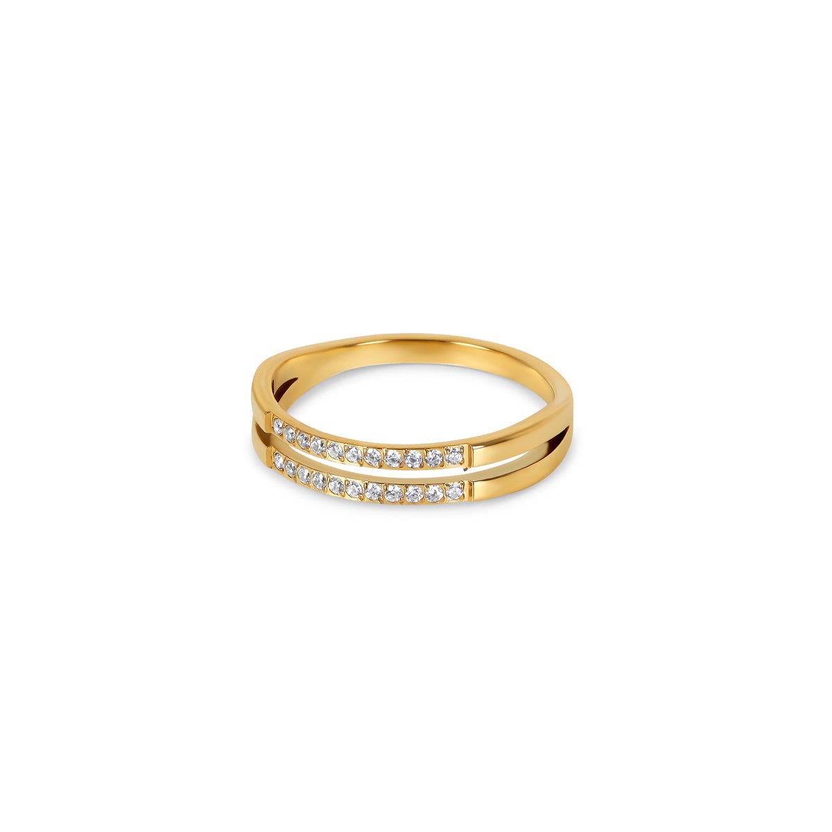 double layer ring; 18k gold plated jewelry; stylish gold ring; modern double layer design; luxury fashion accessory; elegant gold ring; trendy double band ring; adjustable gold ring; high-quality gold finish; statement piece for women; minimalist double layer ring; delicate gold jewelry; contemporary fashion ring; unique gold ring design; perfect gift for her; luxury gold ring for women; sophisticated accessory; double layer fashion ring; artisan-crafted gold ring; 