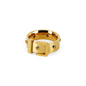 buckle ring; 18k gold plated jewelry; stylish buckle design; trendy ring accessory; adjustable fit; modern fashion statement; unique gold ring; elegant and chic; perfect for everyday wear; quality craftsmanship; fashionable gold accessory; distinctive buckle motif; versatile for stacking; lightweight and comfortable; ideal gift for her; handcrafted quality; eye-catching design; timeless elegance; bold and trendy style; perfect for special occasions; unique gift idea; 