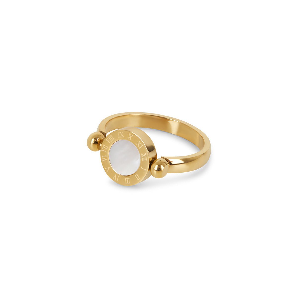 Rotating ring; Roman numerals ring; 18K gold-plated ring; Stylish rotating jewelry; Elegant Roman numeral design; Fashionable gold ring; Unique rotating ring; Luxury gold accessory; Trendy Roman numeral ring; Statement rotating ring; Gold-plated fashion jewelry; Modern rotating ring; Eye-catching gold accessory; Chic Roman numeral ring; High-quality gold jewelry; Designer rotating ring; Dazzling 18K gold ring; Beautiful Roman numeral jewelry; 