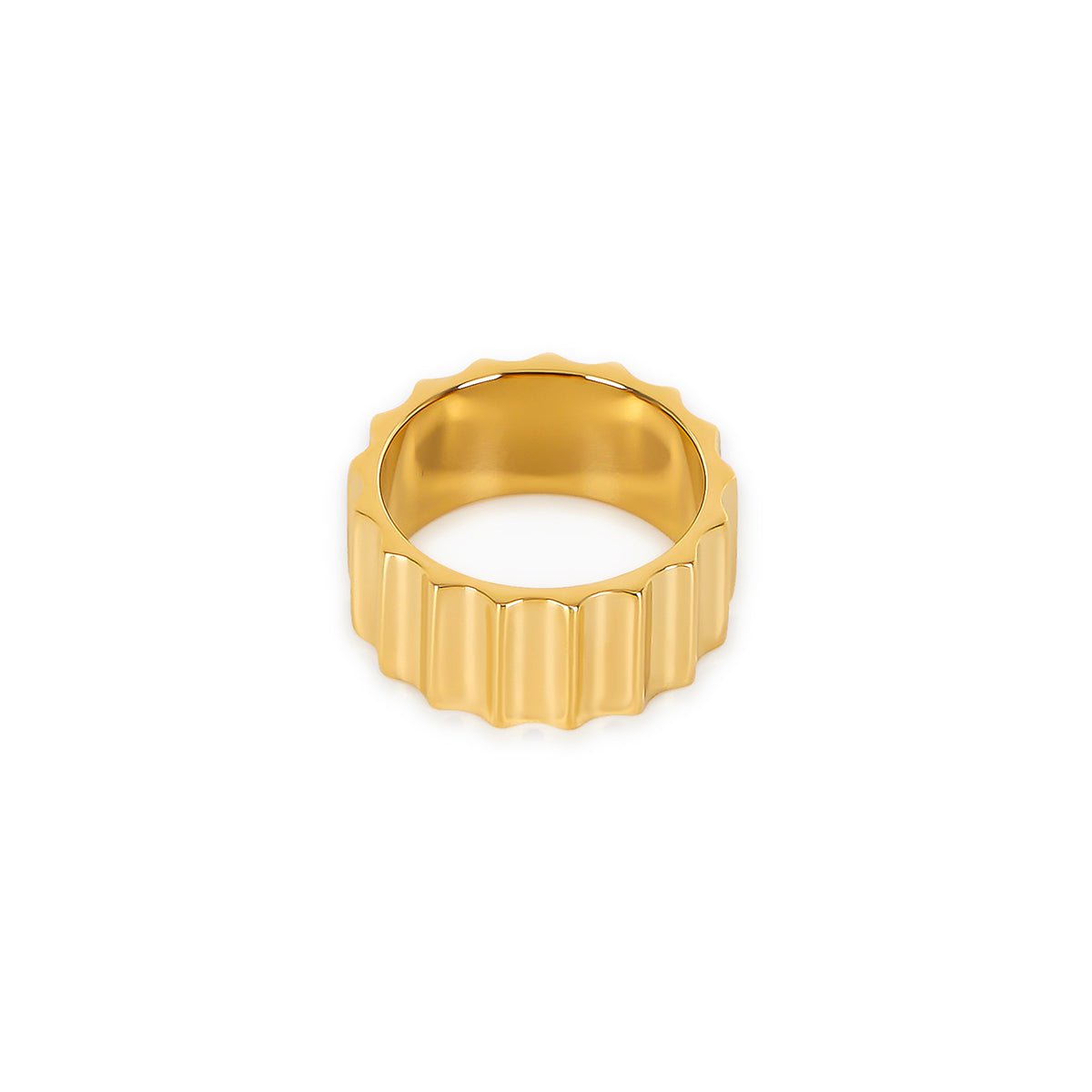 groove ring; 18k gold plated jewelry; modern design; stylish and sophisticated; unique groove detailing; elegant accessory; perfect for everyday wear; statement piece; handcrafted quality; versatile ring; comfortable fit; ideal for stacking; trendy and fashionable; luxurious shine; timeless elegance; exceptional craftsmanship; unique gift idea; bold fashion statement; contemporary style; must-have accessory; radiant finish; durable and long-lasting; flattering for all hands; eye-catching detail; 